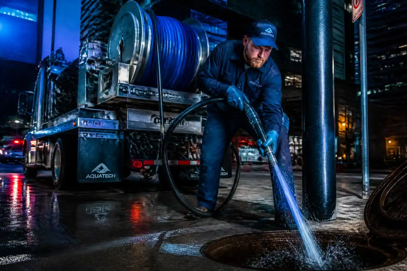 Técnico especializado da HidroSanear realizando desentupimento com equipamento profissional